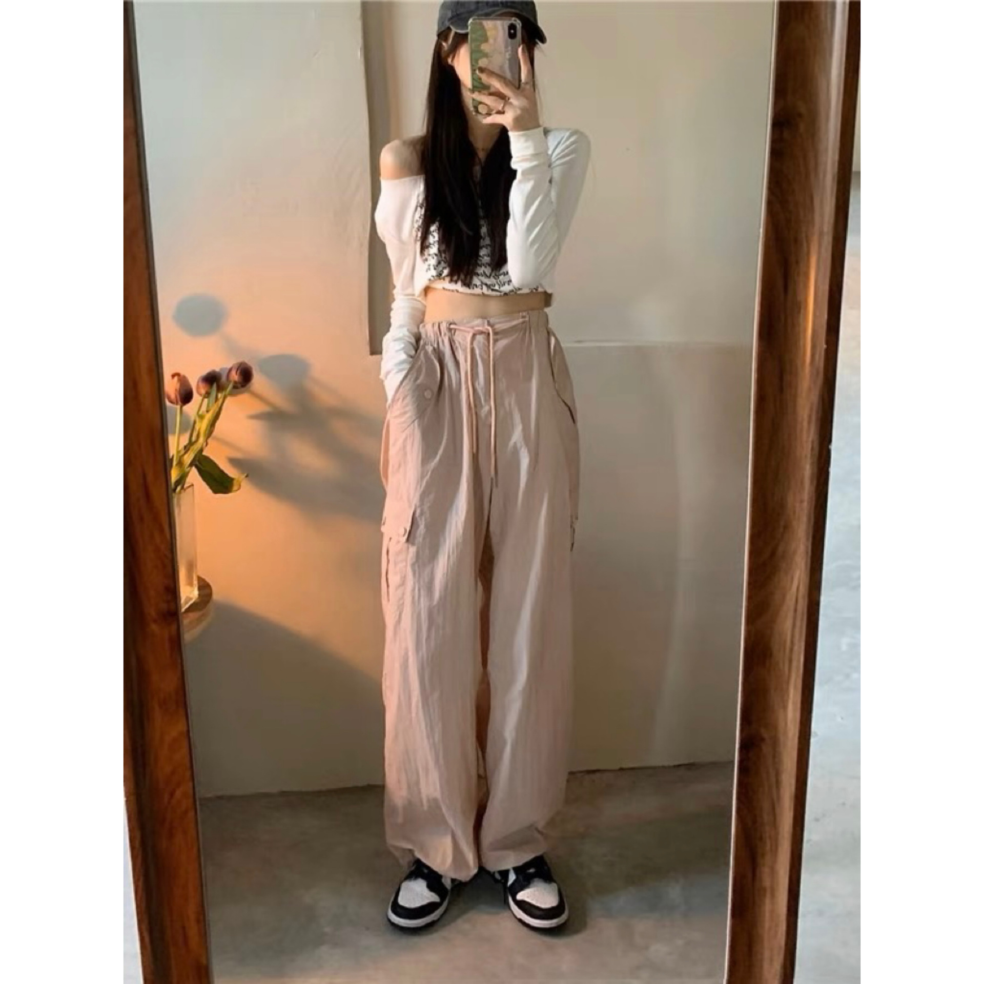 ins韩版复古宽松休闲长裤女甜酷抽绳高腰阔腿粉色工装裤2024新款