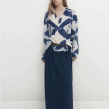 Massimo Dutti女装 2023新款小香风苎麻Polo领蓝色印花衬衫 05101