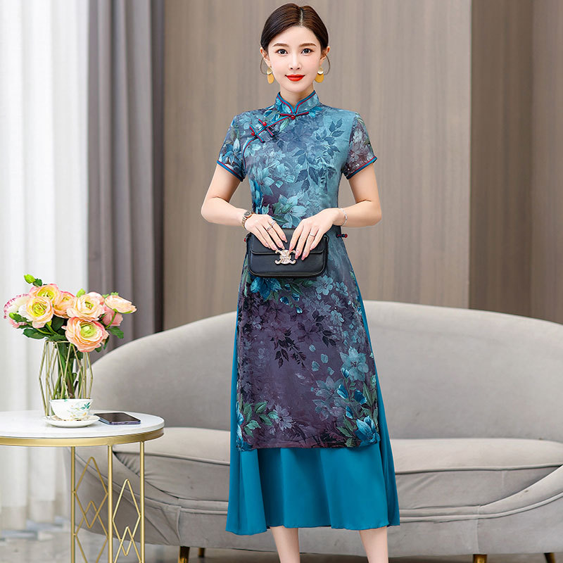 9507 New Style Ao Dai Dress New Chinese Cheongsam Women's Summer Short Sleeve Modified Long Type Young Mother Blue Sense