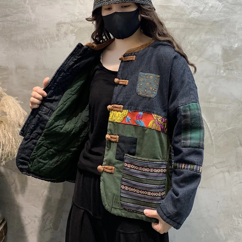 2021冬款乞丐棉服盘扣长袖大码贴布女式牛仔棉衣