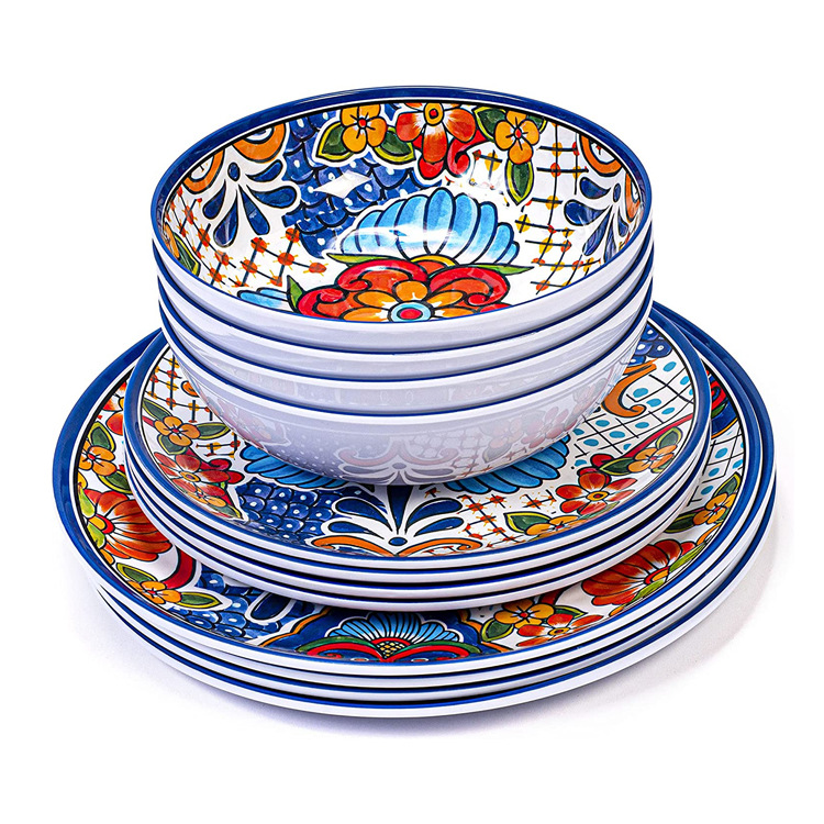 Classic Hot Selling Melamine 12-Piece Tableware Set Suit Melamine Service Plate Bowl Dishwasher Safe Food Grade