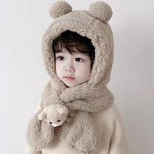 韩版宝宝帽子围巾一体毛绒小熊护耳帽可爱仿羊羔毛男女儿童保暖帽