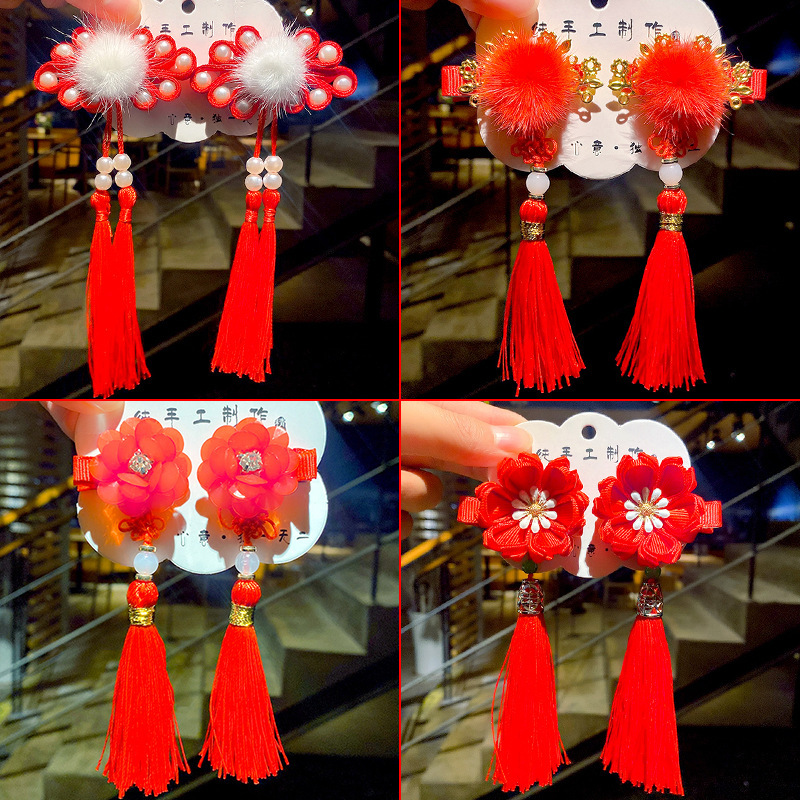 Girls' New Year Hair Accessories Baby Han Chinese Costume New Year Headdress Children's Barrettes Red Girl 2023 Rabbit New Year Hairpin