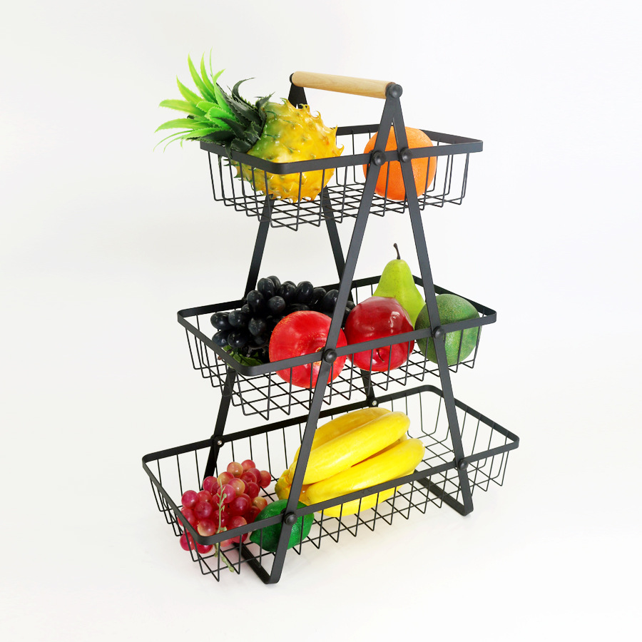 Multi-Layer Black Fruit Basket Removable Metal Multi-Functional Wooden Handle Hand Holding Desktop Kitchen Storage Rack