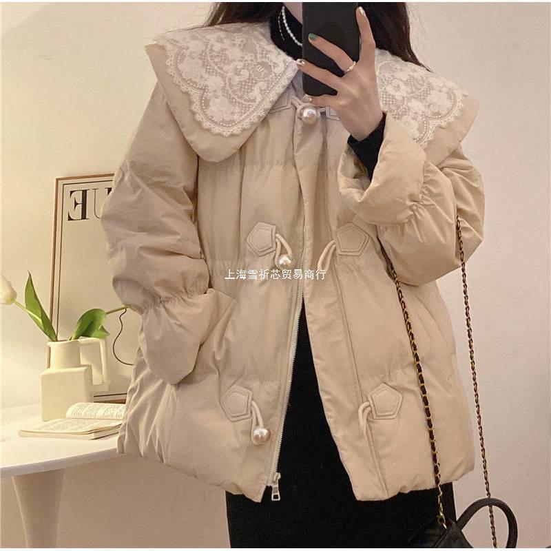 Cotton Clothing Lace Peter Pan Collar Design Sense Cotton Coat Jacket Women's Clothing Winter 2023 New Cute Youth-Looking Loose Long Sleeve