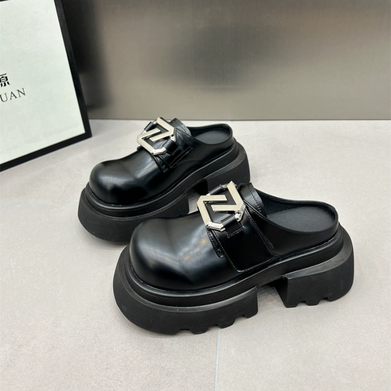 欧洲站厚底乐福鞋春秋新款包头拖鞋女外穿百搭单鞋休闲小皮鞋