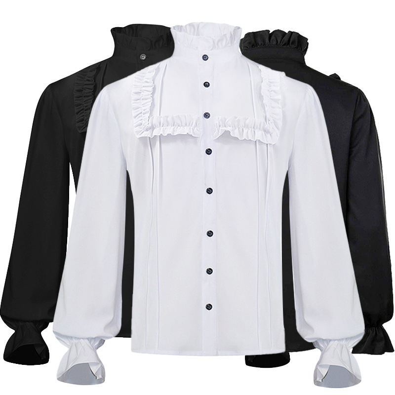 2023新欧美男式褶皱海盗衬衫中世纪服装蒸汽朋克维多利亚上衣内搭