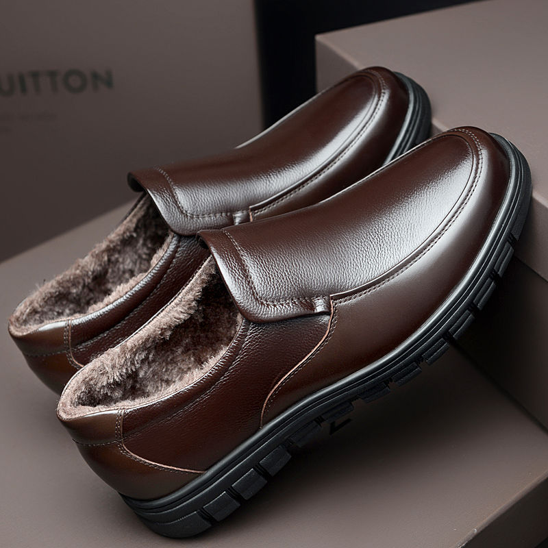 软牛皮加绒皮鞋男真皮冬季棉鞋休闲中年爸爸鞋软底老年人男鞋