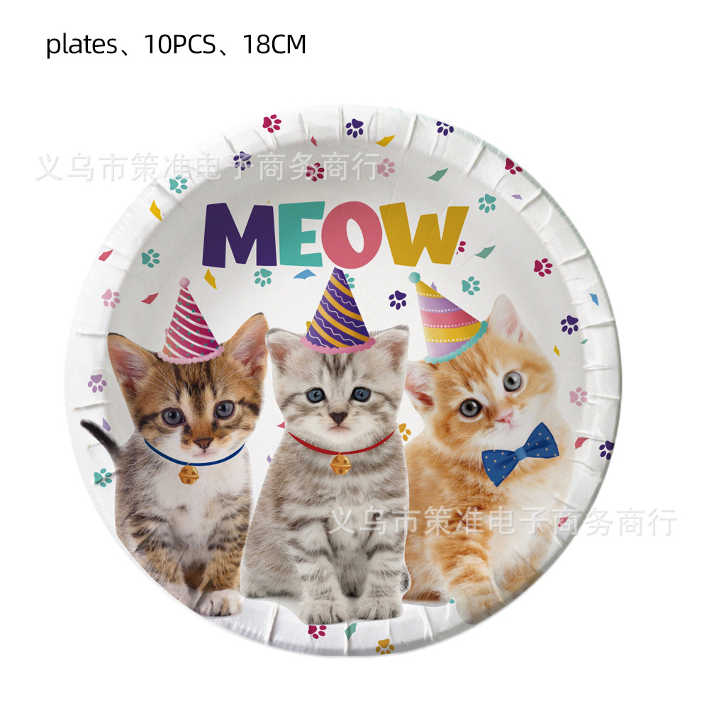 Cat Pet Theme Birthday Party Cutlery Tray Cup Tissue Balloon Background Cloth Decoration Children Supplies Set