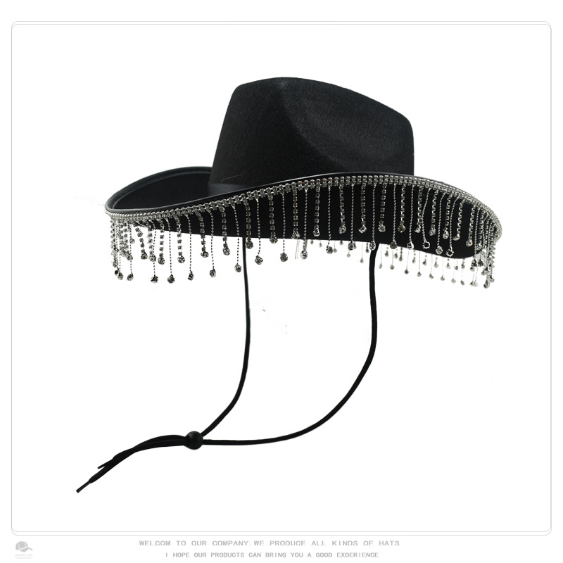 Cross-Border Party Cowboy Hat Women's Simple Rhinestone Tassel Hat Wedding Prom Bridal Hat Fedora Hat