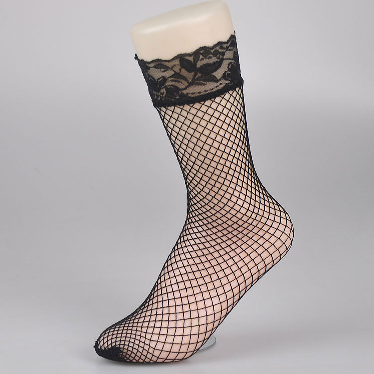 货源女士黑色韩版镂空交叉渔网袜短袜大网眼袜 罗口袜中网短袜
