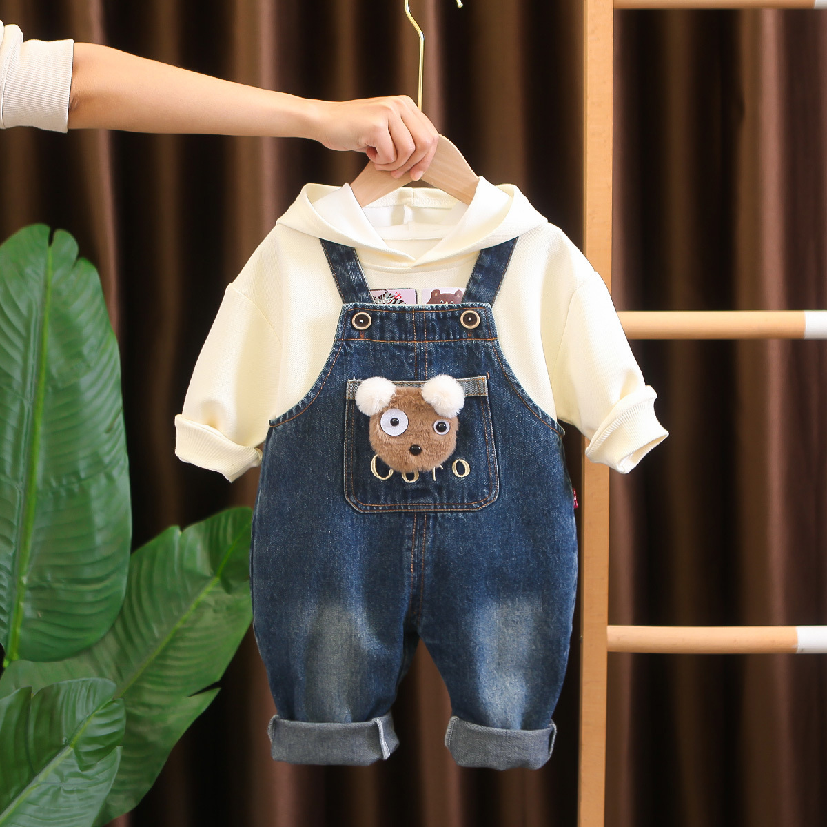 Baby Clothes Spring Korean Style Western Style Hooded Suspender Pants Two-Piece Suit One-Year-Old Baby Boy Spring Trousers Fashionable Suit