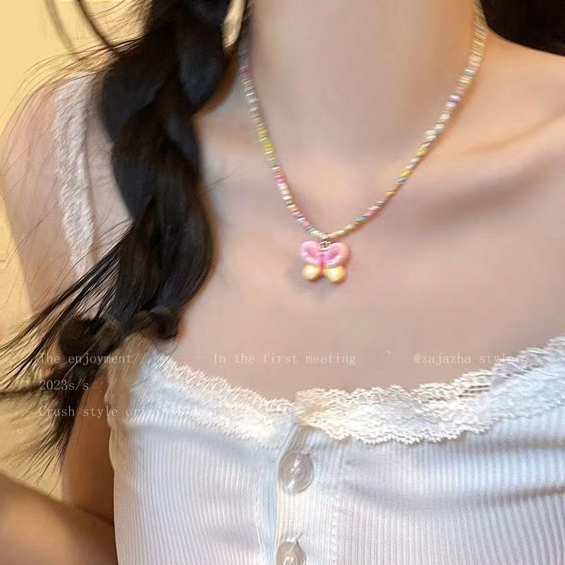 Chic Elegant ~ Colorful Beaded Butterfly Necklace Female Summer Sweet Elegant Accessories Clavicle Chain Tide