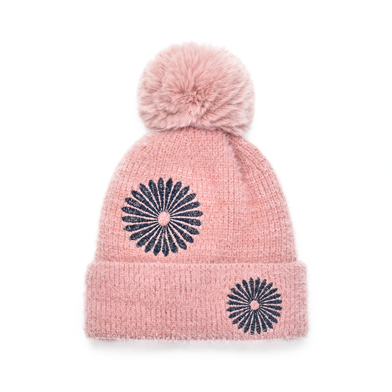 外贸新款仿貂绒针织帽绣花帽加绒加厚女生秋季防寒保暖月子帽定制