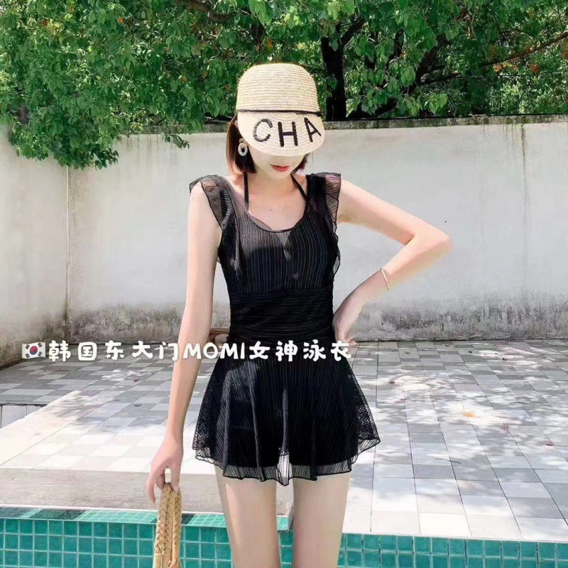 Korean Summer New Patchwork Contrast Color Swimsuit Women's Safety Pants One Piece Swimsuit Indoor Outdoor Sexy Swimming Skirt