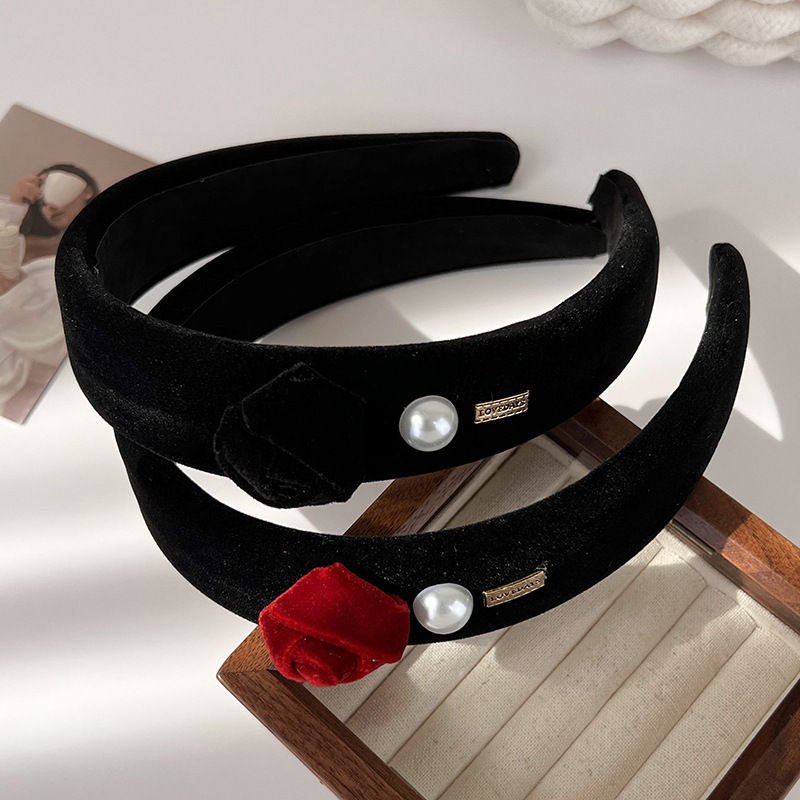 韩国秋冬丝绒玫瑰花珍珠发箍头饰甜美少女百搭高颅顶压发头箍发饰