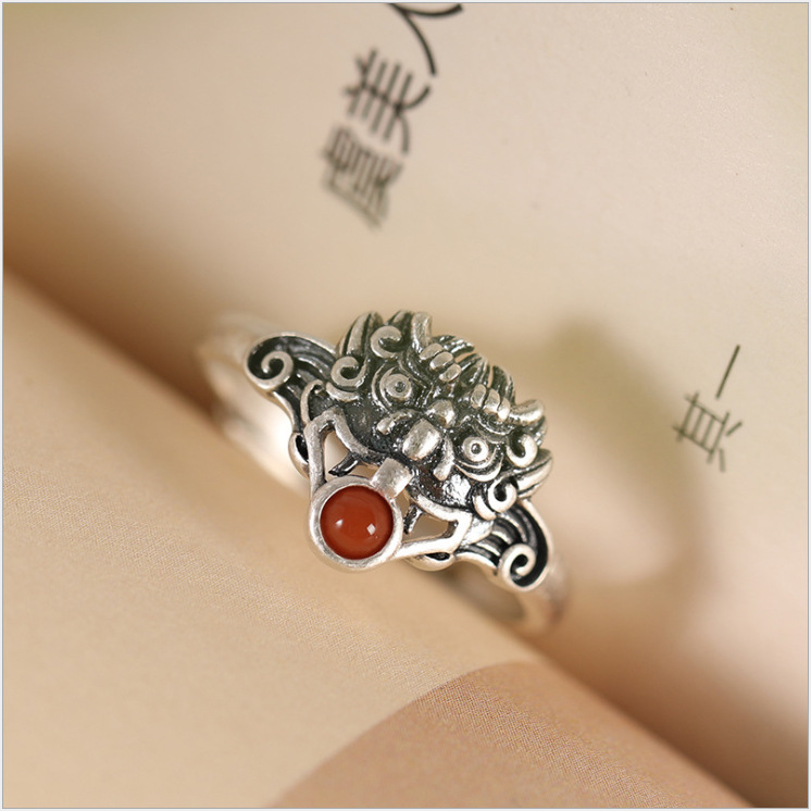 艺尚s925泰银南红玛瑙仿民族国风饕鬄网红古装女士酷个性开口指环