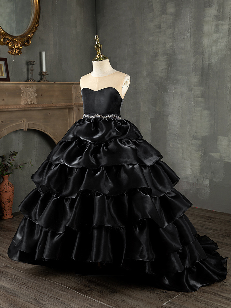 女童礼服公主裙蓬蓬纱黑色欧式高端儿童拖尾主持人走秀钢琴演出服