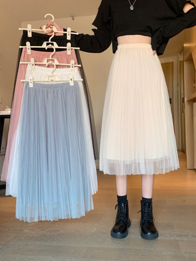 春秋季2022年新款百褶白色网纱裙子中长款字半身裙女冬天配毛衣