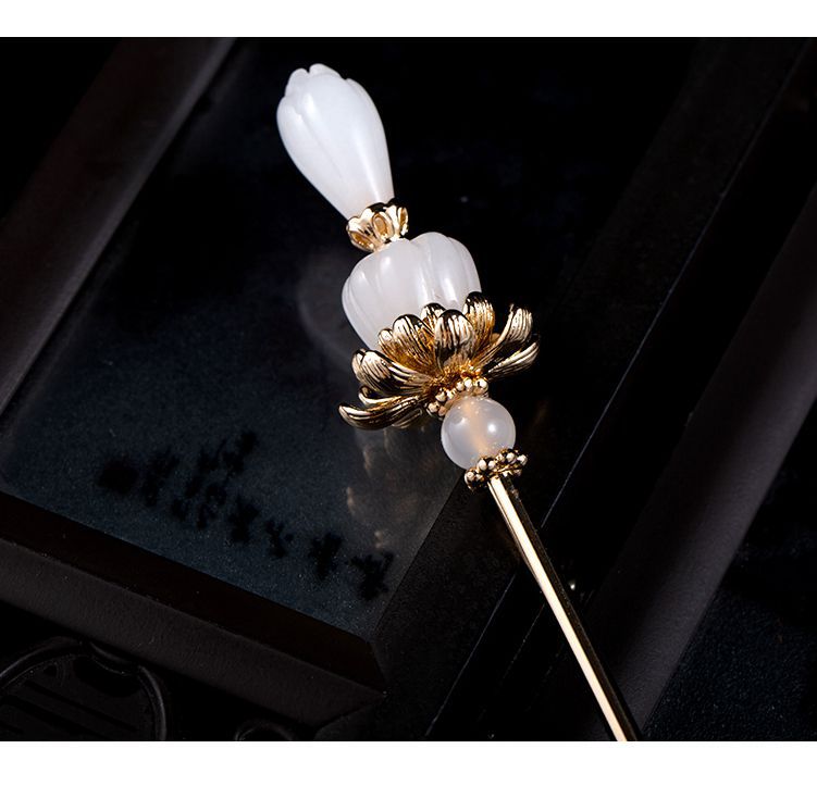 古装古风汉服步摇玉兰花白玉发簪简约现代盘发簪子头饰发钗发饰女