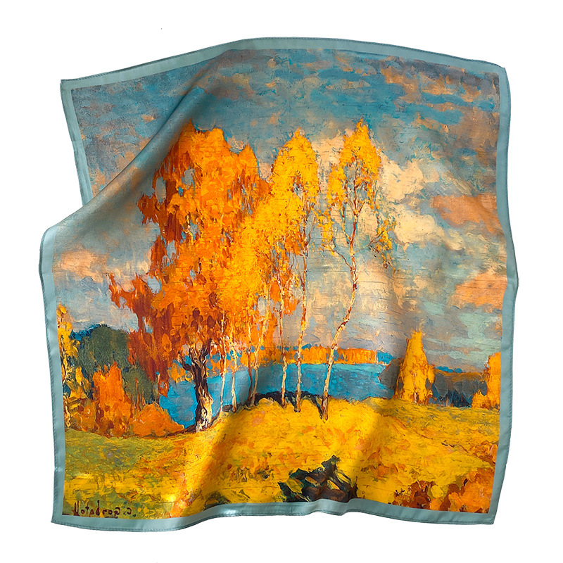 Mulberry Silk Scarf Small Square Towel Women's Spring and Autumn Thin and All-Matching Silk Scarf Green Oil Painting Series Korea Small Scarf