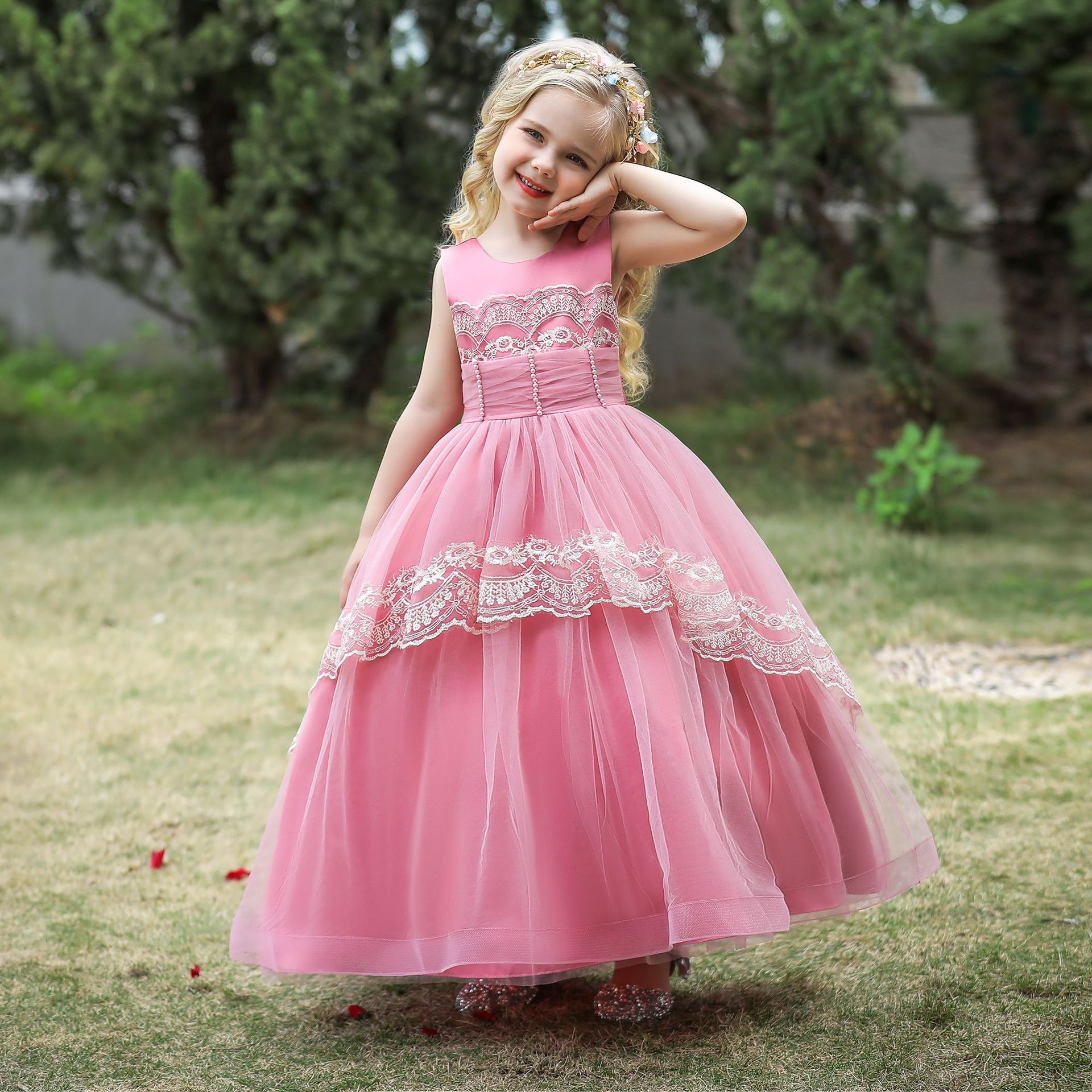 儿童礼服欧美跨境新款中大童长款婚纱礼服女童蕾丝刺绣蓬蓬公主裙