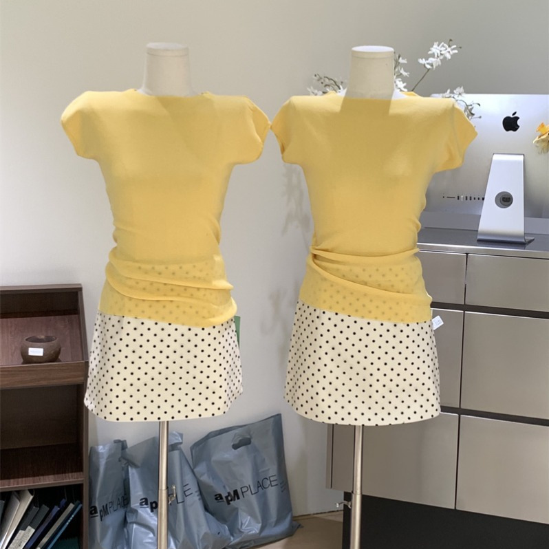 冰岛夏日~冰丝黄色薄款圆领针织衫女短袖波点短裙套装