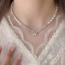 简约不规则碎银子蝴蝶结项链ins小众设计时尚优雅珍珠锁骨链颈链