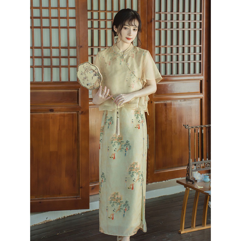 法式复古民国风少女长款倒大袖旗袍改良连衣裙旗袍年轻款气质