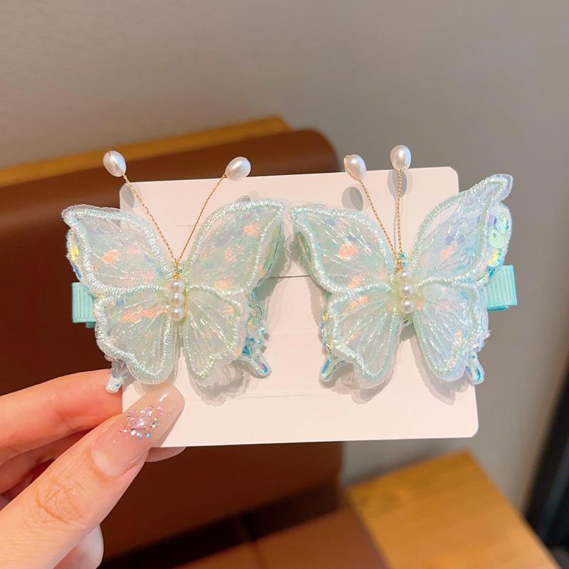 新款超仙古风网纱蝴蝶发夹双层亮片少女侧边发夹女孩刘海夹批发 图片