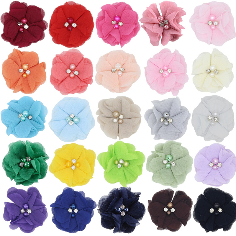 Handmade Chiffon Flower 6cm Hand-Stitched Pearl Rhinestone Fabric Flower Diy Corsage Headdress Flower Shoes and Hats Clothing Accessories Accessories