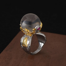 扎基拉姆白水晶球戒指银色女财神凤凰指环宽面夸张个性复古风指环