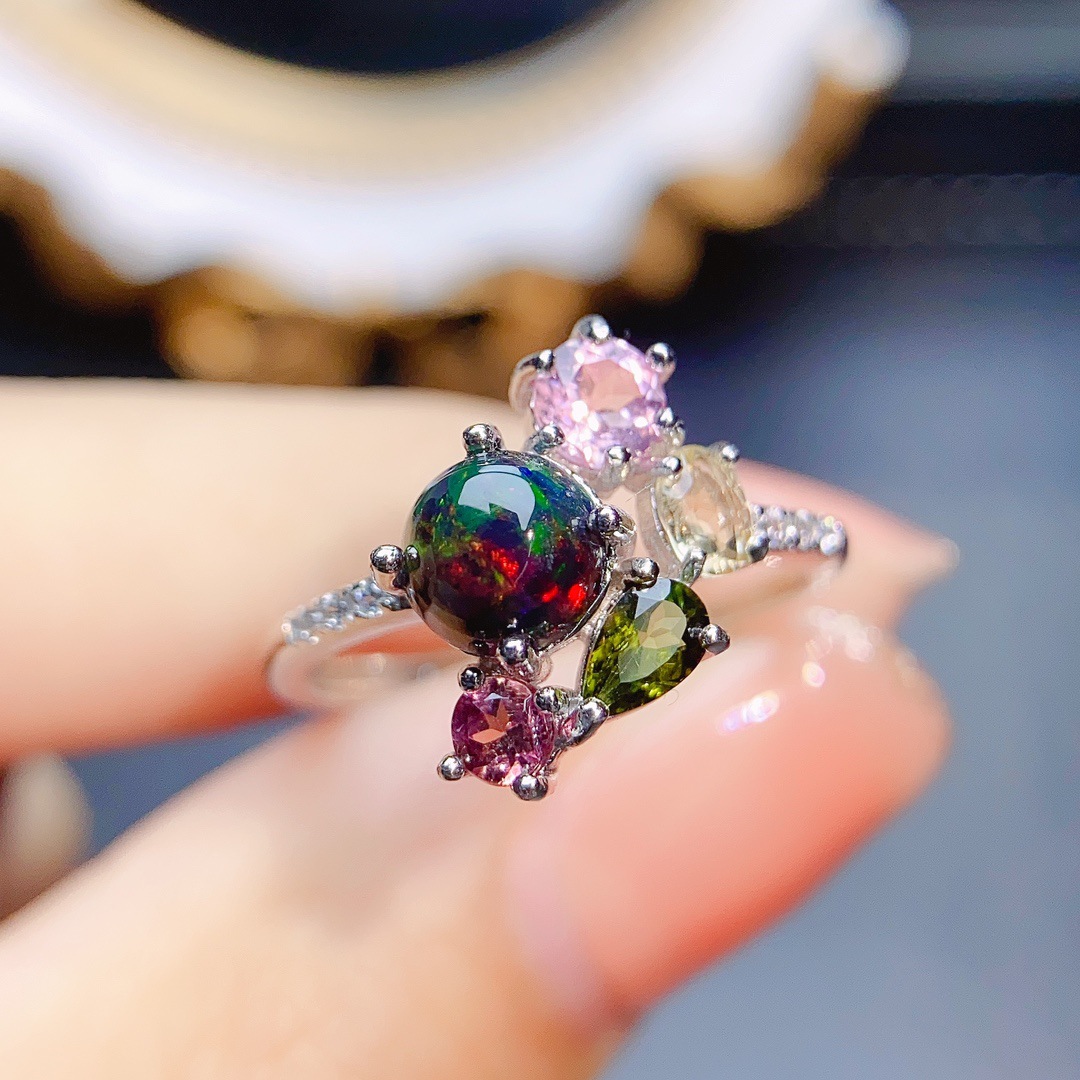 工厂批发爆款天然碧玺 黑欧泊戒指s925银镶嵌主石5*5热销欧美一件