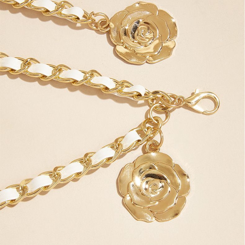 INS Metal Waist Chain Hanging Three Flowers Camellia Woman Chain Adjustable Elastic Thin Waist Accessories Clothing High Sense Foreign Trade Phants Zipper