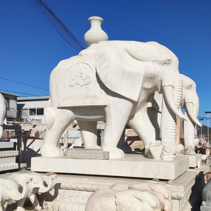 石雕大象一对风水象家用汉白玉大象 酒店别墅门口摆件 石象吸水象