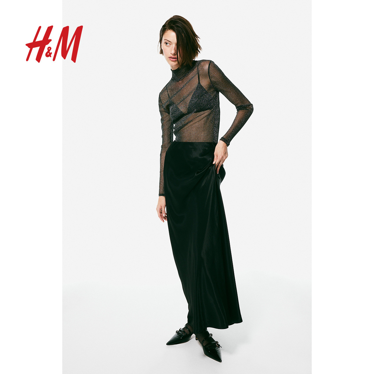 hm女装半身裙2024夏季新款轻柔垂坠缎质松紧带微喇长裙1184662