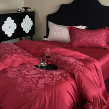 婚庆天丝棉春夏红色四件套高端提花凉感结婚被套丝滑床单床上用品