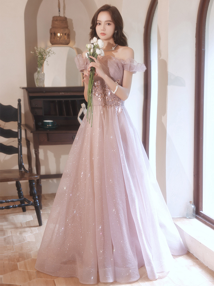 粉色晚礼服女2022新款生日小礼裙主持人伴娘成人礼毕业艺考连衣裙