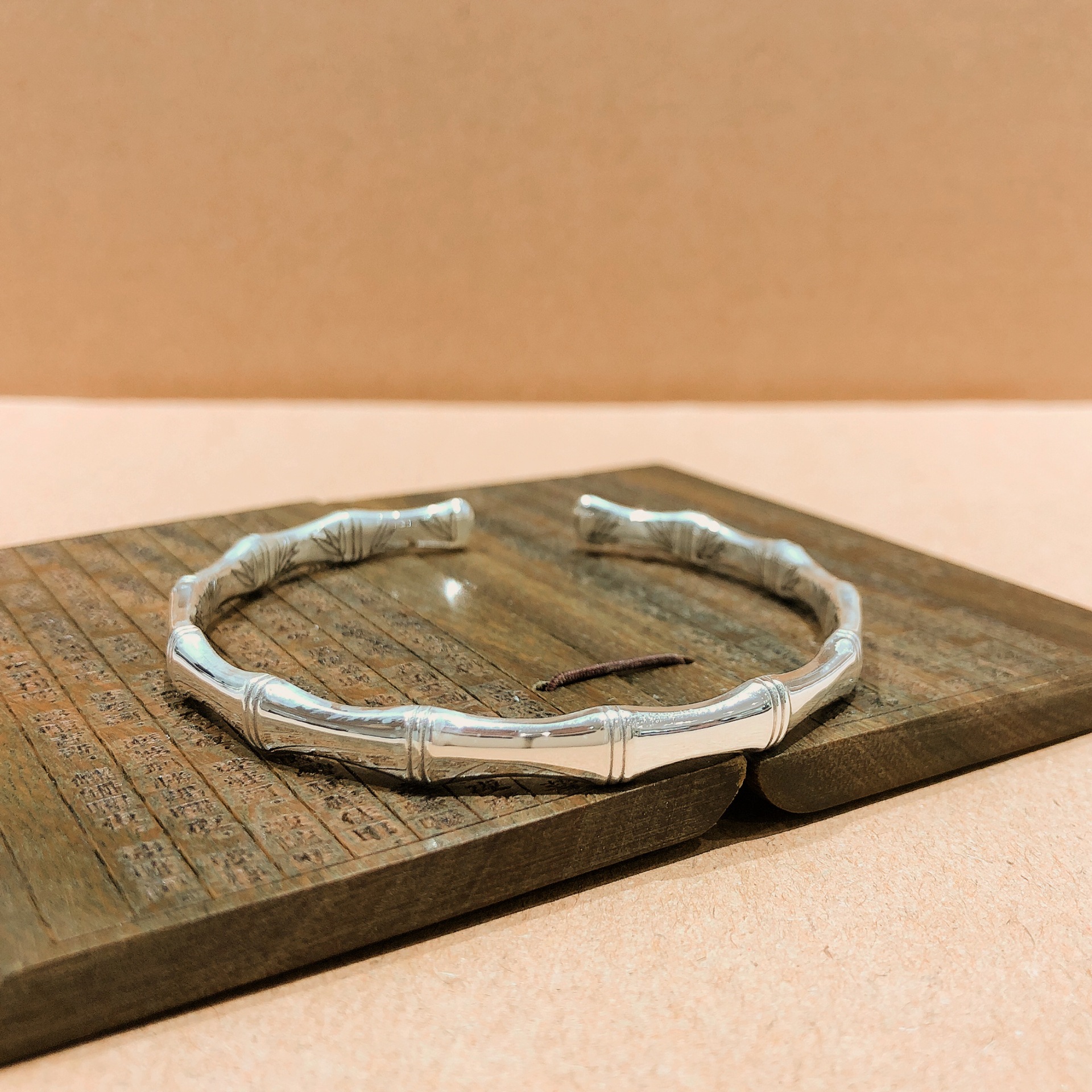 福氏足银999亮面银手镯竹节叶子节节高升韩版开口女士纯银手镯