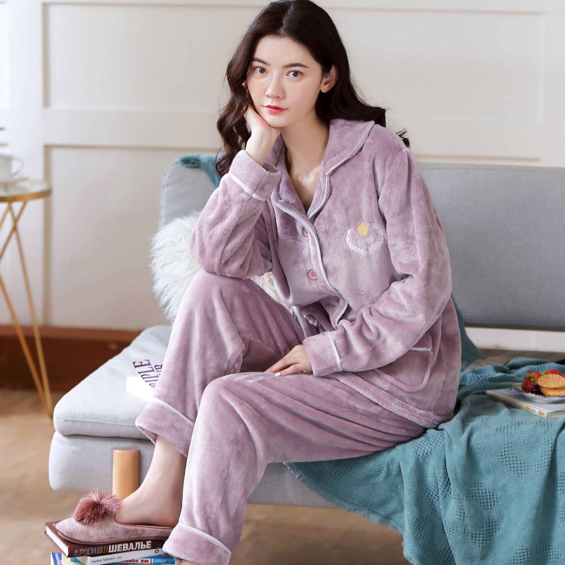 睡衣女士法兰绒睡衣秋冬加厚保暖开衫厚睡衣女甜美可爱家居服套装