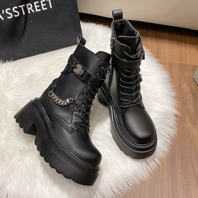 外贸大码漆皮哥特黑靴女高跟鞋性感链条粗跟厚底靴朋克风踝靴批发