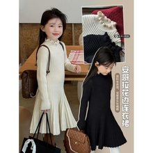 童装女童纯色韩版针织连衣裙2023冬季新款洋气中长款毛衣裙潮