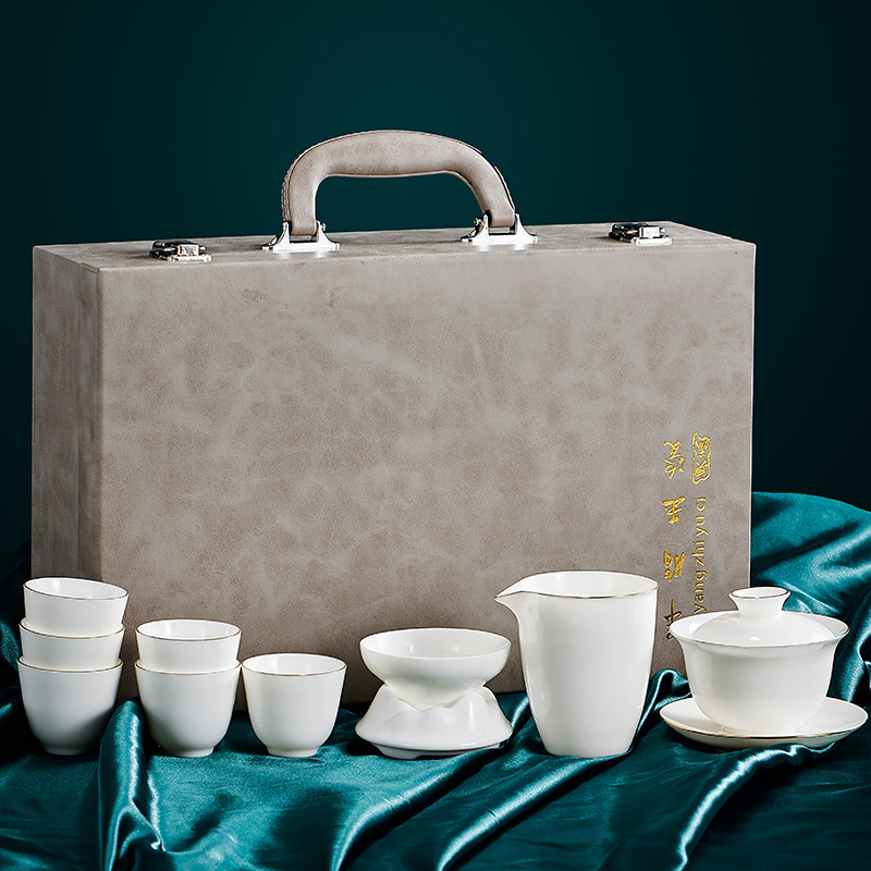 White Jade White Porcelain Teaware Set Home Office Visitors Light Luxury High-End Porcelain Gaiwan Kung Fu Tea Cup