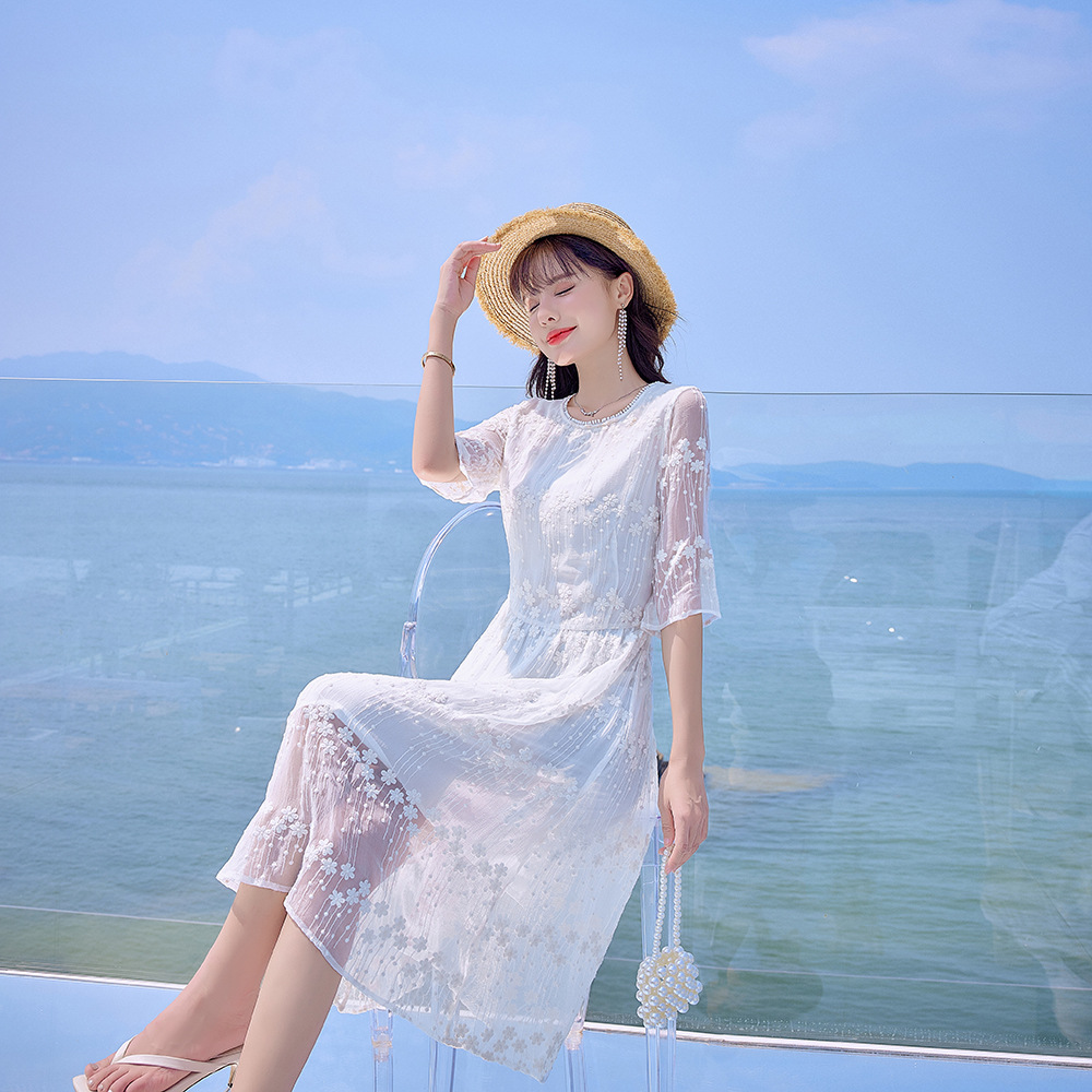 白真丝连衣裙女夏新款重磅刺绣花杭州桑蚕丝长裙仙气质长裙28045