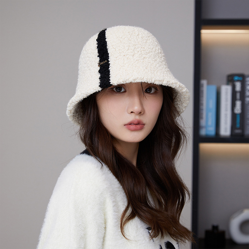 New Korean Style Women's Plush Warm Color Matching Fashion Bucket Hat Autumn and Winter Outdoor Casual Face-Looking Small Basin Hat Fashion