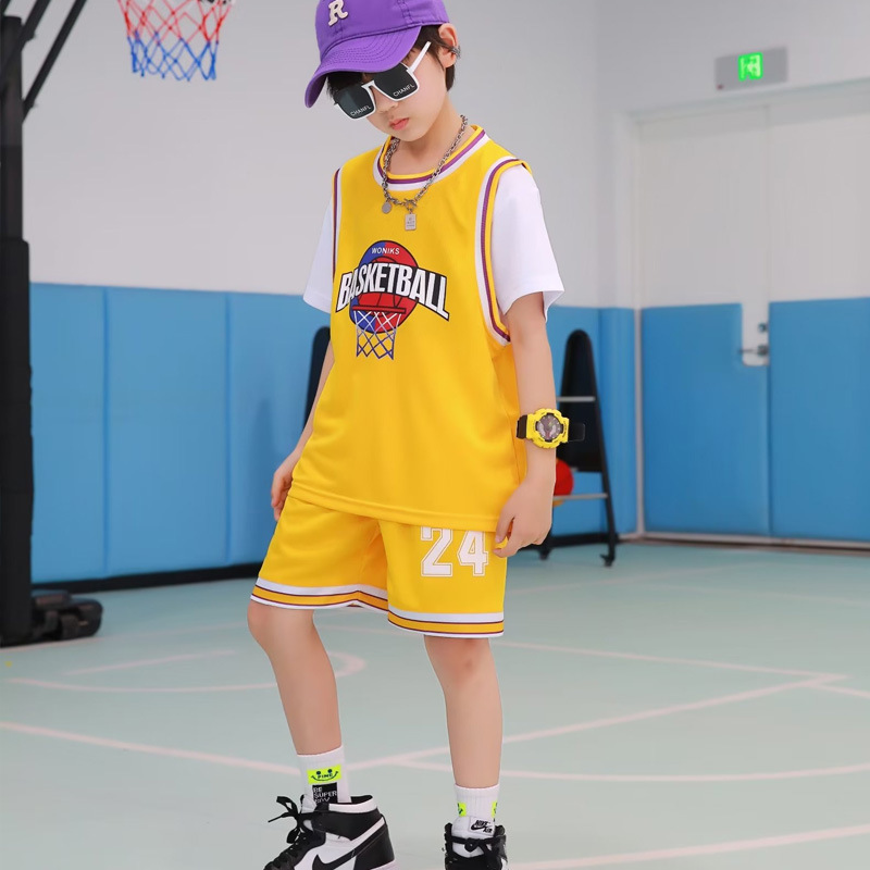 Children's Basketball Clothes Summer Boys and Girls Ball Uniform Fake Two Pieces Polo Shirt Suit Short Sleeve Sports Training Performance Basketball Jersey