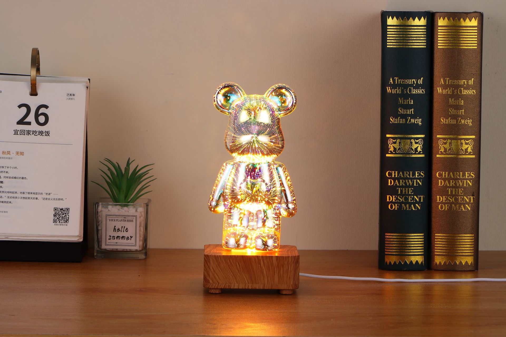 Creative 3d Fireworks Bear Colorful Light Changing Household Internet Celebrity Small Night Lamp Glass Stereo Effect Table Decorative Ornaments