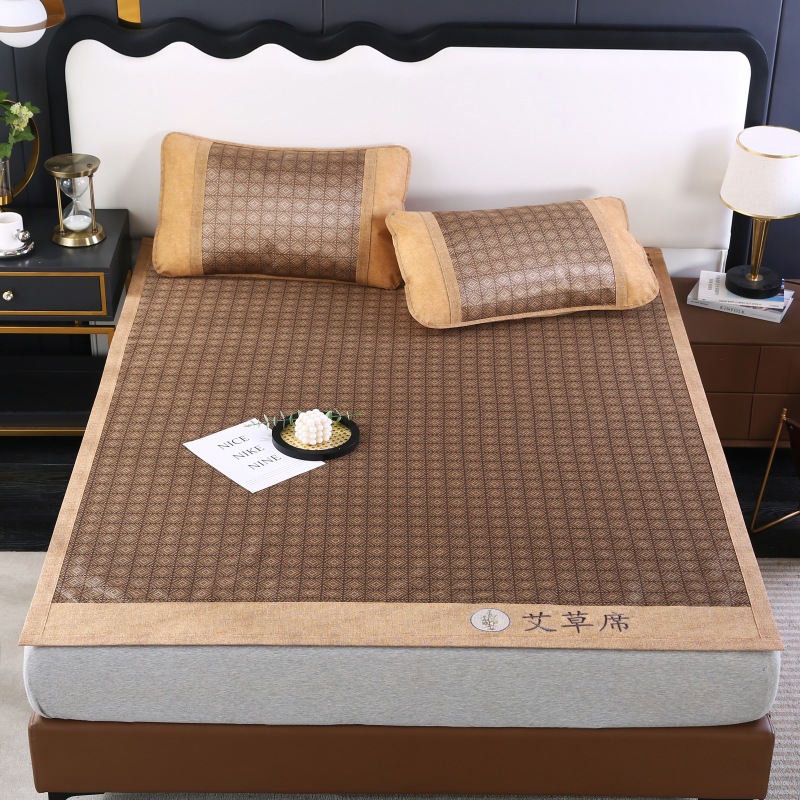 跨境夏季艾草冰丝席空调凉席子冰藤席三件套双人床可折叠席子批发