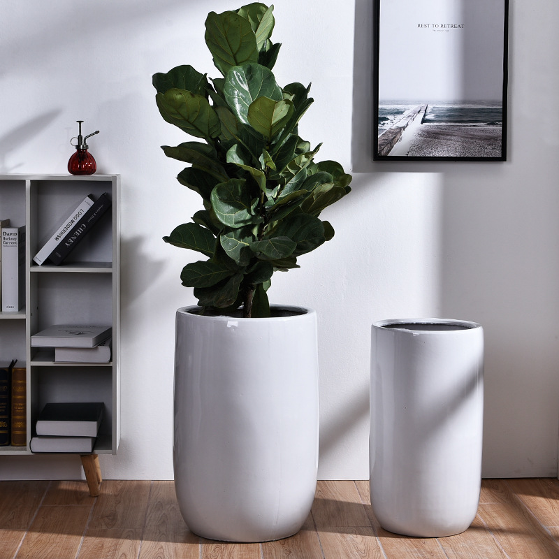 北欧特大号陶瓷花盆种树白色简约直筒室内客厅落地庭院盆栽大花盆