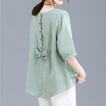 大码夏装棉麻上衣胖复古减龄文艺贴布后背蝴蝶结宽松短袖桖女